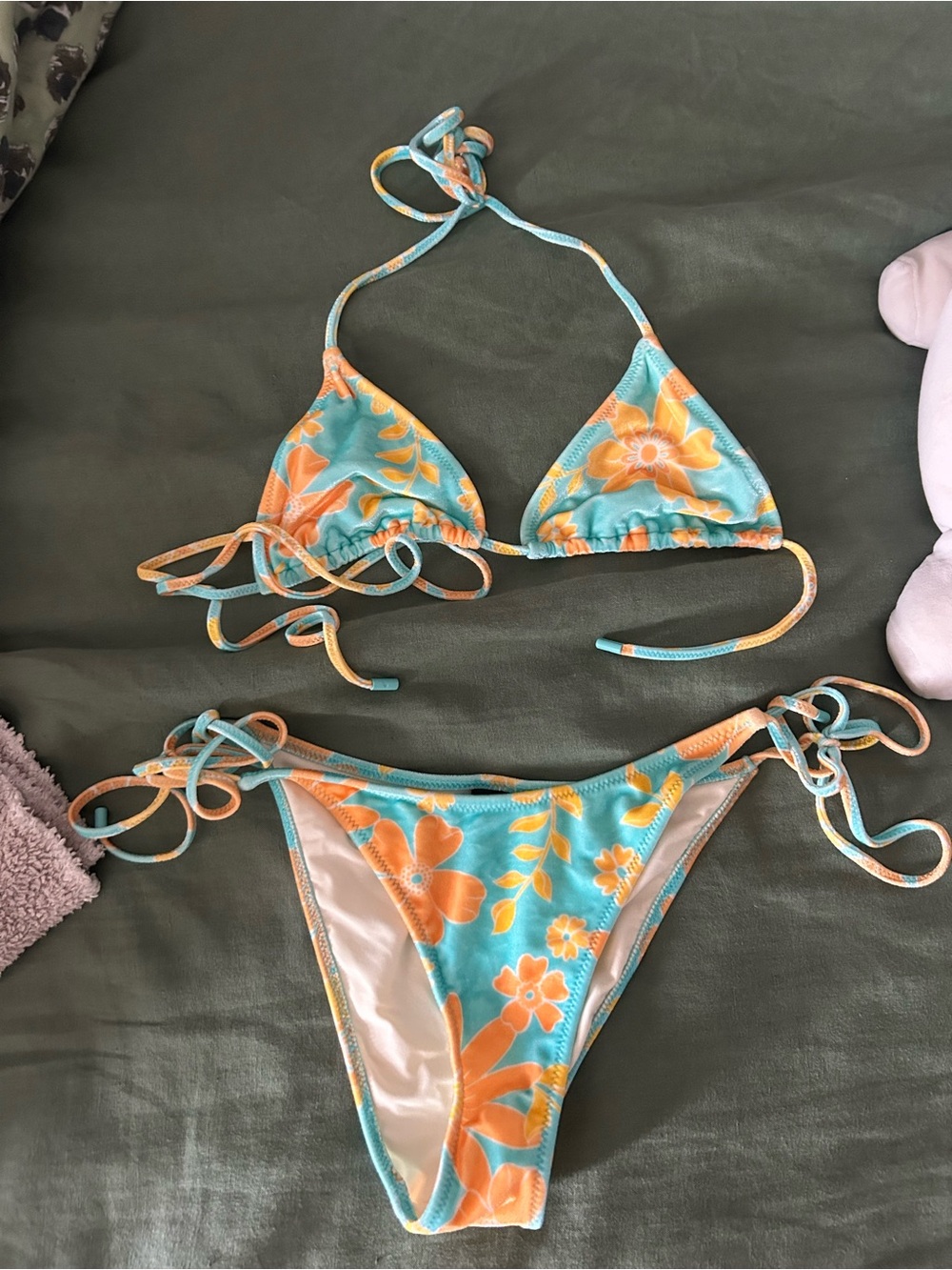 Triangl Velvet Floral Tie-Side Triangle Bikini - Aqua & Orange